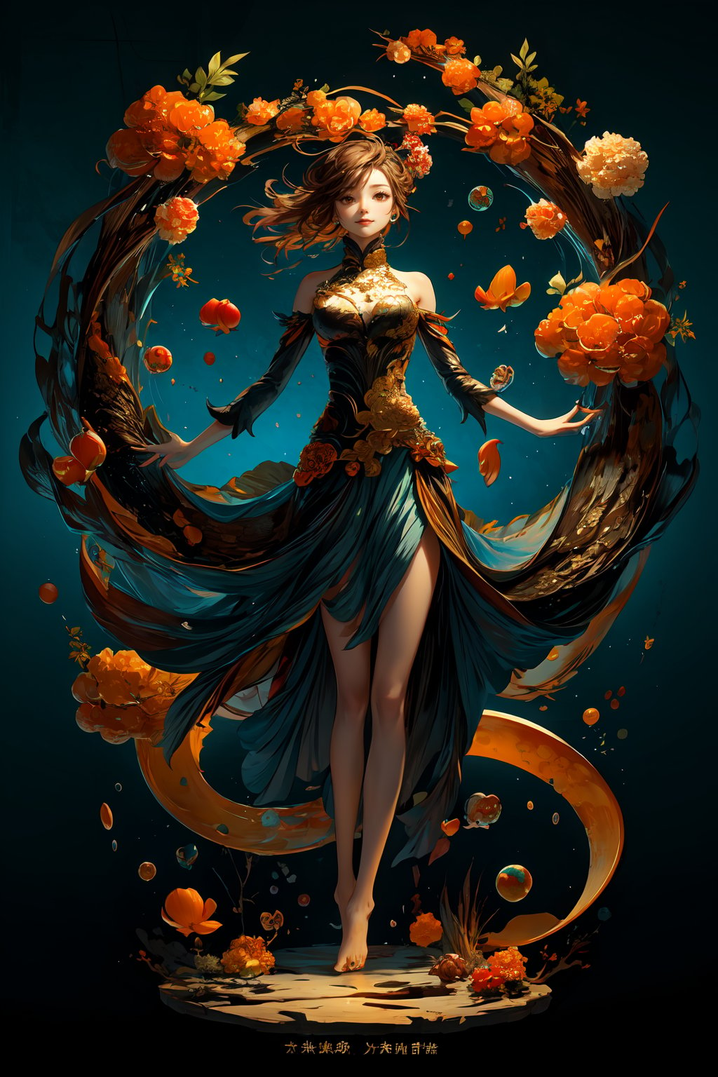 chinese dragon, orange \(fruit\), fruit, petals, apple, mandarin orange, food, barefoot, goldfish, orange slice, confetti, fire, 1girl, portraits, eyes, beautiful, smile, air bubble , brown hair , bubble ,caustics , english text , fish , underwater