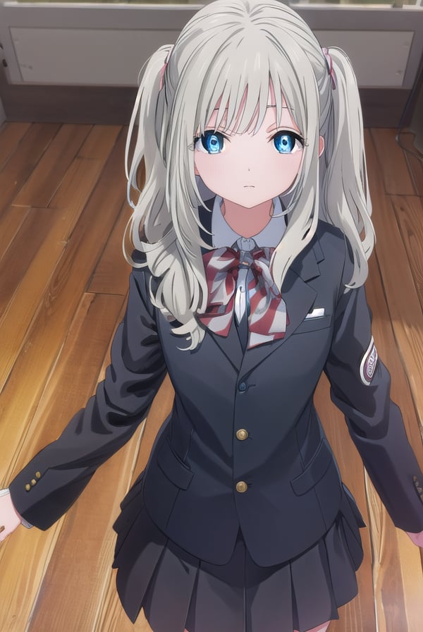 hotaruhiraiwa, <lora:hotaru hiraiwa s1-lora-nochekaiser:1>,hotaru hiraiwa, long hair, bangs, blue eyes, grey hair,BREAK skirt, long sleeves, school uniform, jacket, socks, black skirt, two side up, black jacket, kneehighs, blazer, black socks, bow, bowtie, stripped, stripped bowtie,BREAK indoors, classroom,BREAK looking at viewer, (cowboy shot:1.5),BREAK <lyco:GoodHands-beta2:1>, (masterpiece:1.2), best quality, high resolution, unity 8k wallpaper, (illustration:0.8), (beautiful detailed eyes:1.6), extremely detailed face, perfect lighting, extremely detailed CG, (perfect hands, perfect anatomy),