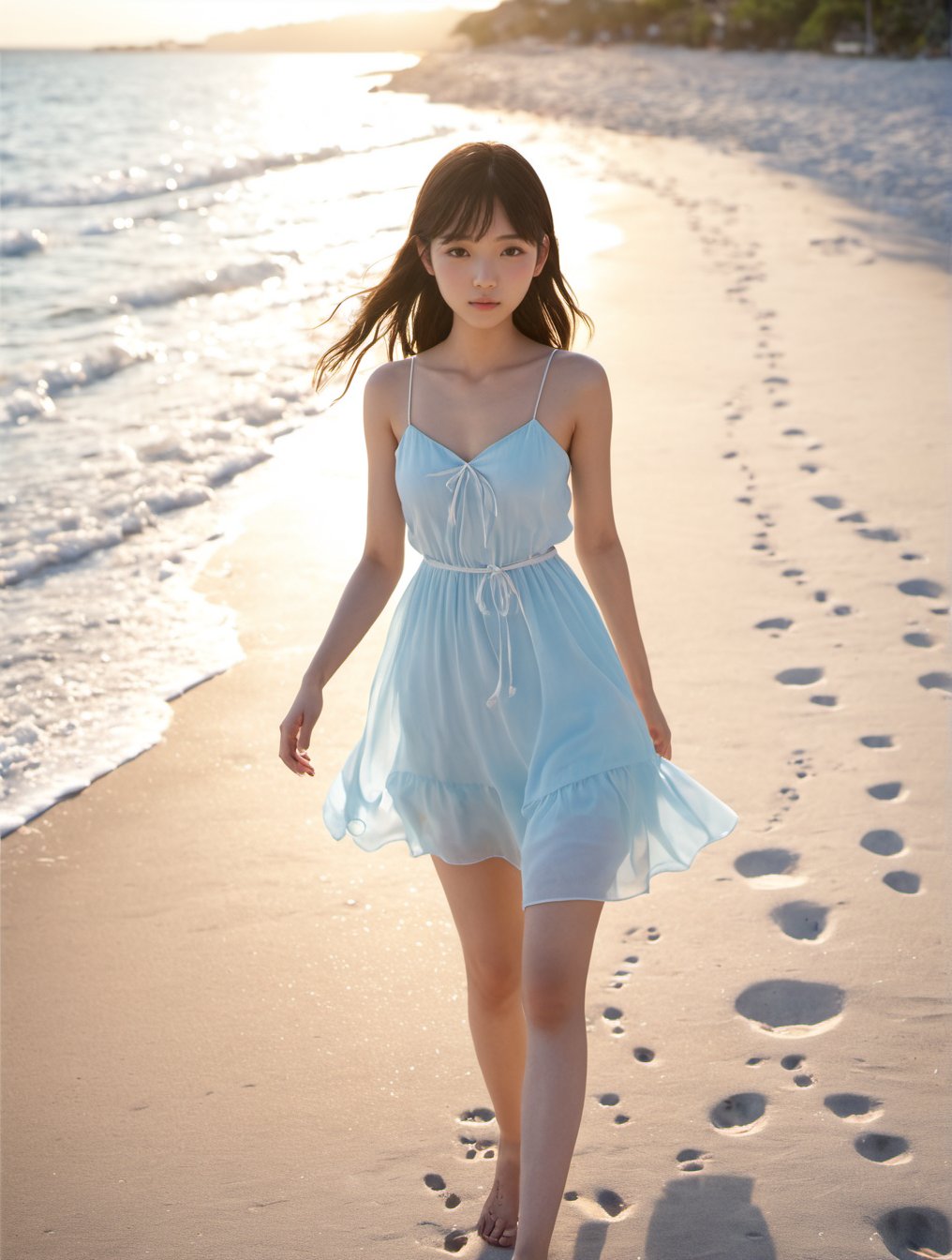 highres, 8k, RAW,natural skin,detailed skin,japanese girl,50mm F1.4,bokeh,fashion model,sundress, pastel colors, Shooting fashion models, soft shadows, sun flare, beachside walking, footprints, peaceful, shoreline, dynamic angle, twilight,best quality,masterpiece