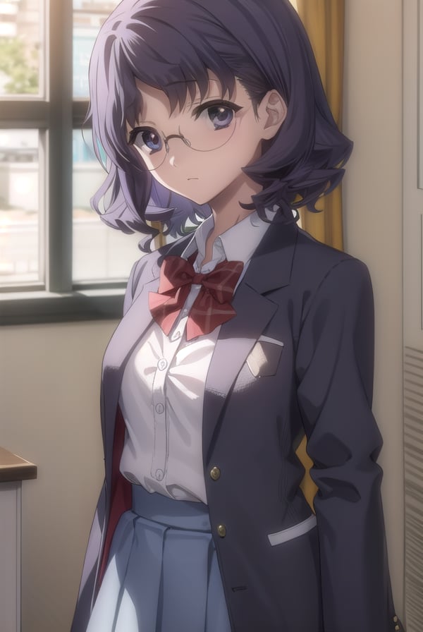 aiyamagata, <lora:ai yamagata-lora-nochekaiser:1>,ai yamagata, short hair, black hair, glasses, (black eyes:1.5),BREAK long sleeves, bow, school uniform, glasses, bowtie, red bow, buttons, red bowtie,BREAK indoors, classroom,BREAK looking at viewer, (cowboy shot:1.5),BREAK <lyco:GoodHands-beta2:1>, (masterpiece:1.2), best quality, high resolution, unity 8k wallpaper, (illustration:0.8), (beautiful detailed eyes:1.6), extremely detailed face, perfect lighting, extremely detailed CG, (perfect hands, perfect anatomy),