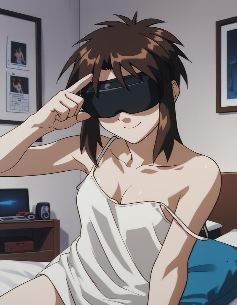 score_9,  score_8_up, score_7_up, source_anime, <lora:priss-v3-ponyxl-000005:1> 1girl, solo, priss, white tank top, strap slip, no pants, wearing vr headset, smile, indoors, bedroom, thumbs up