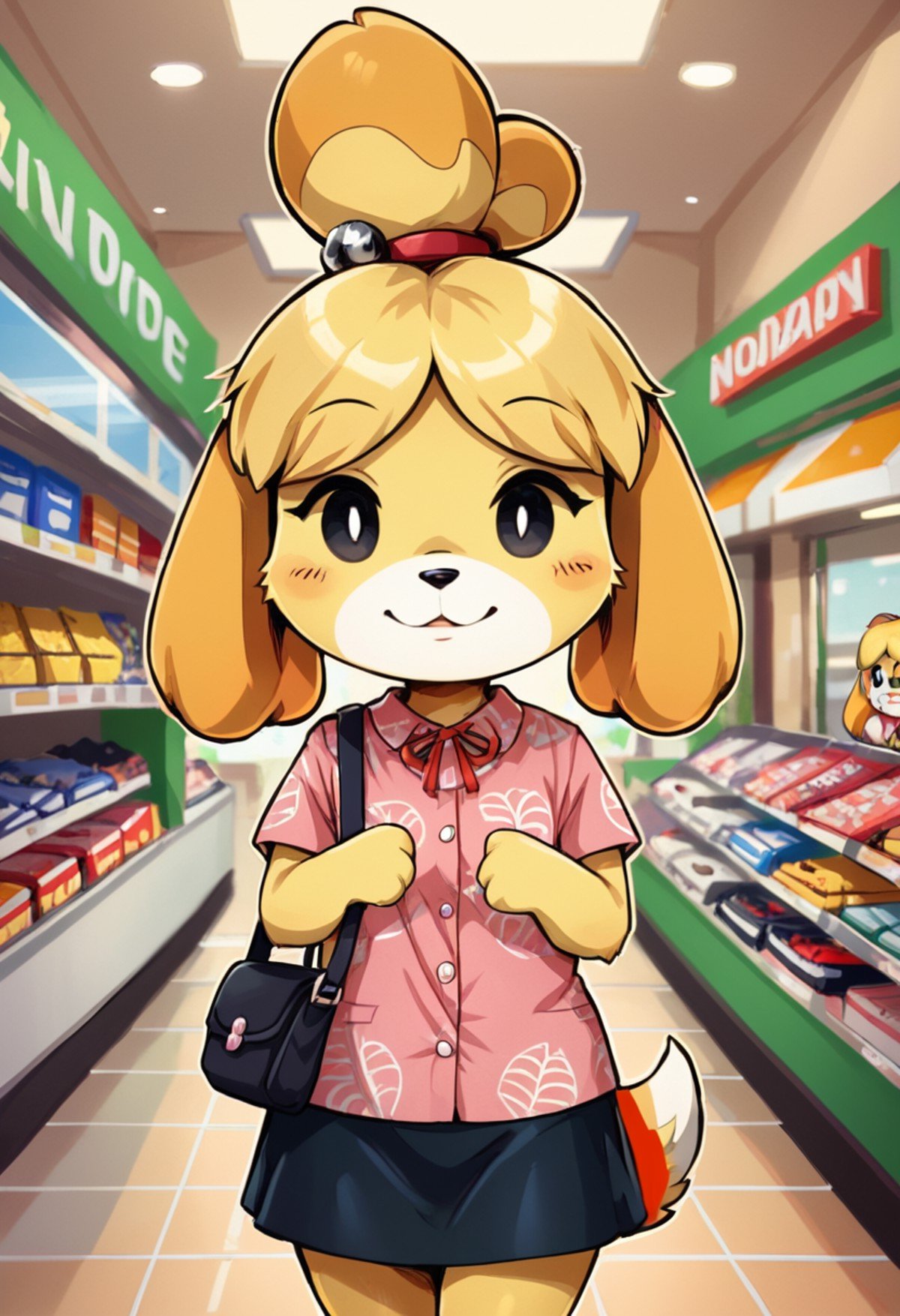 score_9, score_8_up, score_8,    <lora:Shizue_for_PonyXl:0.8> 1girl, dog girl, shizubelle, animal ears, furry female, blonde hair, tail, black eyes, topknot, shirt, skirt, shopping mall, handbag, 