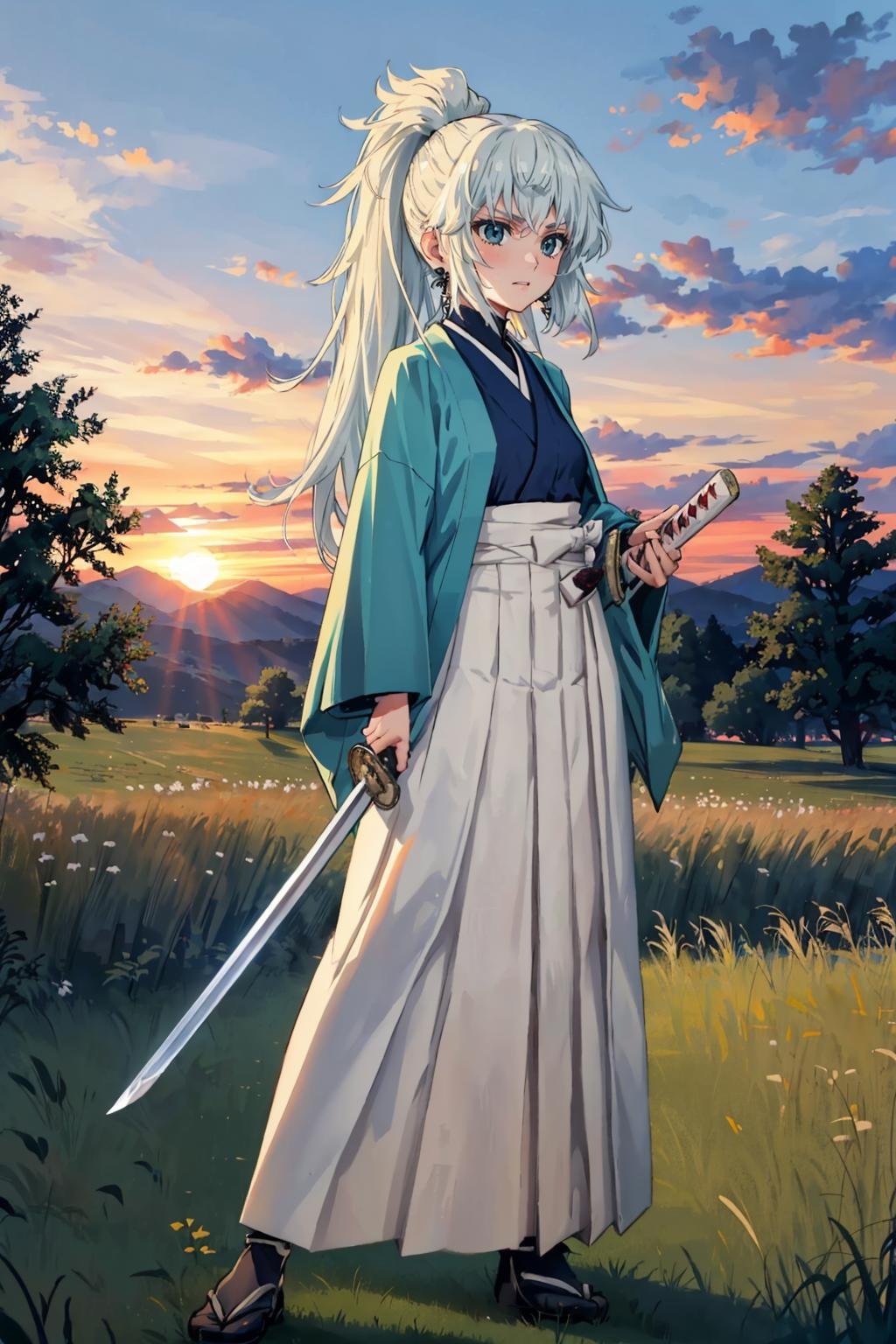 masterpiece, best quality,  <lora:yuishousetsu-nvwls-v1-000010:0.8> yuishousetsu, ponytail, japanese clothes, earrings, white skirt, holding sword, katana,  <lora:UBWKatanaOneHand:0.7> KatanaOneHand, overhand grip, field, standing, sunset