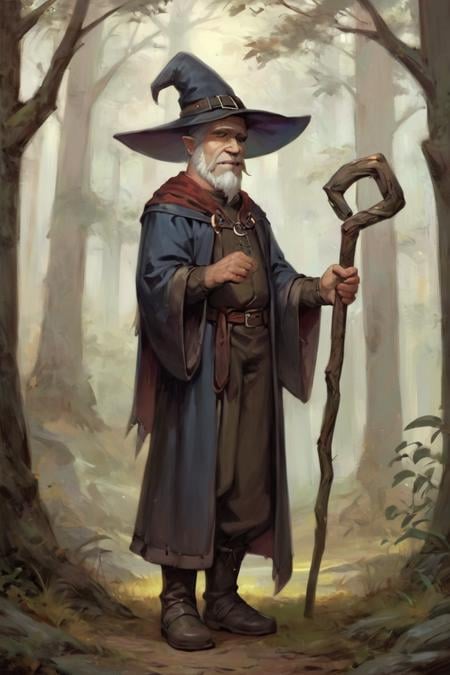 score_9, score_8_up, score_7_up, score_6_up, score_5_up, score_4_up, rating_safe, wizard, old, 1boy, old man, male focus, hat, beard, solo, staff, witch hat, facial hair, forest, nature, robe, long hair, looking at viewer, tree, holding, white hair, outdoors, holding staff, boots <lora:Oil Painting Style XL:0.7>