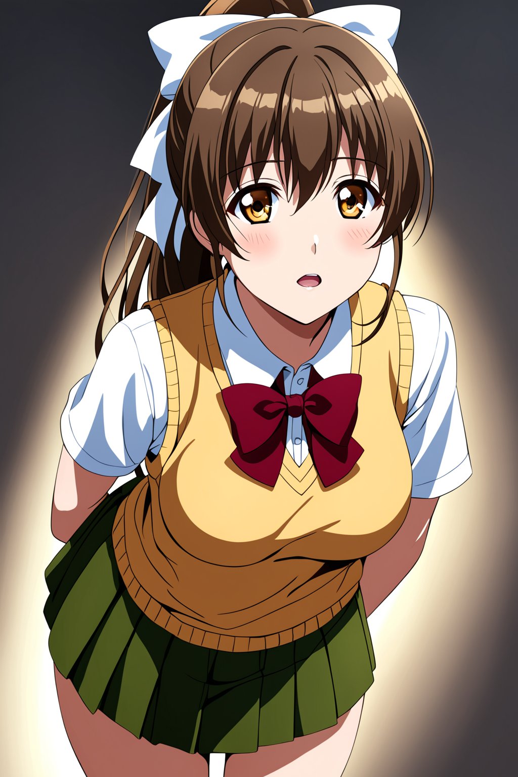 sunohara shizuka, 1girl, solo, skirt, breasts, brown hair, medium breasts, green skirt, brown eyes, sweater vest, ponytail, bow, long hair, looking at viewer, shirt, pleated skirt,white shirt, short sleeves, hair bow, bowtie, thighs, collared shirt, blush, miniskirt, red bowtie, white bow, yellow sweater vest, ribbon, parted lips, yellow vest, standing, cowboy shot, open mouth, high ponytail, hair ribbon, hair between eyes, vest, hands behind back, vibrant lighting, high contrast, dramatic shadows, highly detailed, detailed skin, depth of field, masterpiece, best quality, expressive eyes, perfect face, perfect body, beautiful girl, cute girl,<lora:sunohara shizuka AAM 3:1>