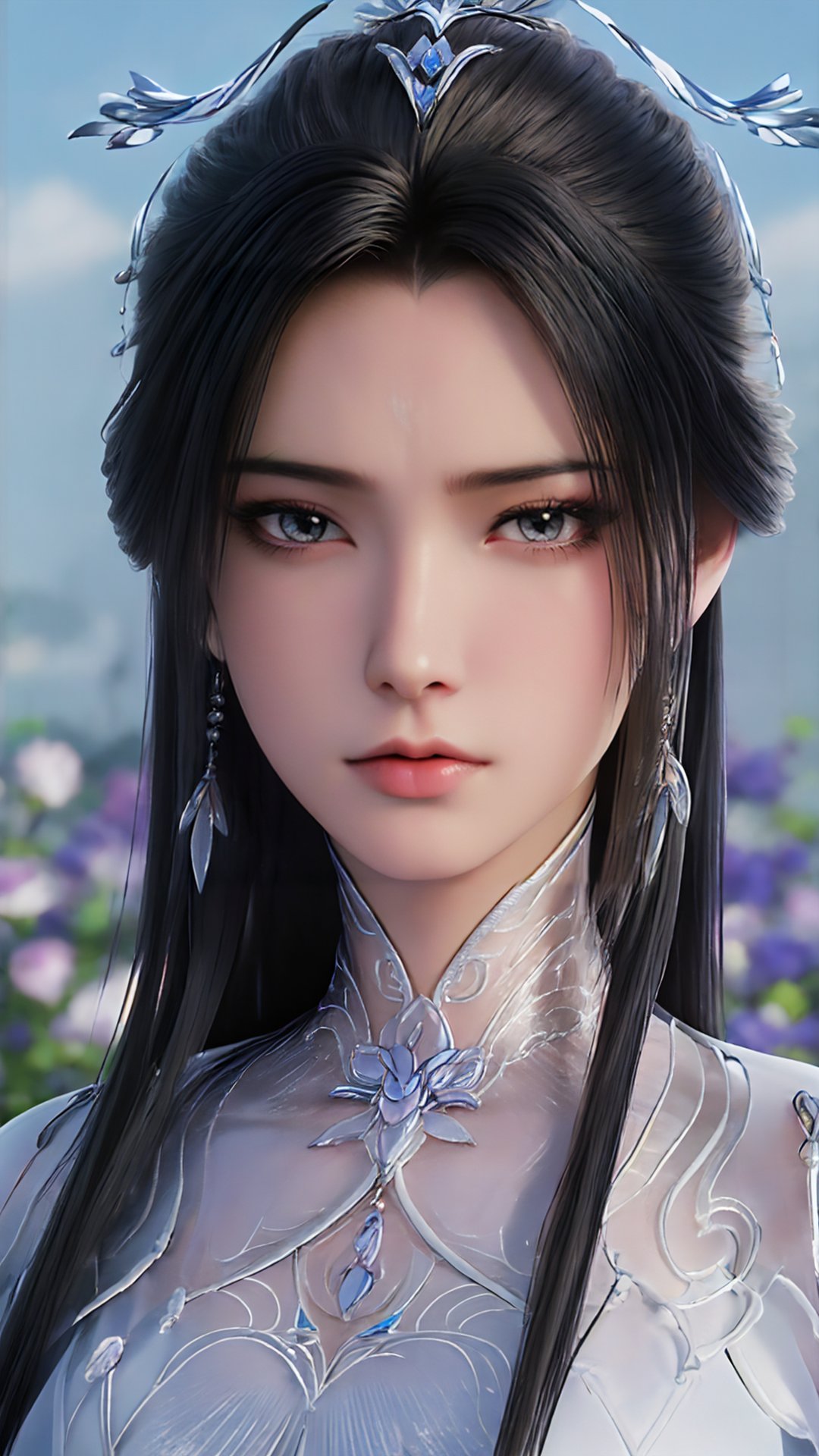 lxq,1girl,solo,black hair,long hair,jewelry,earrings,hair ornament,white chinese clothes,looking at viewer,sky,closed mouth,flower field,sky,clear background,mount,<lora:玫瑰花场景-王导:0.6>,<lora:lxq:0.8>,pink rose,portrait,waterfall,butterfly,close ups,