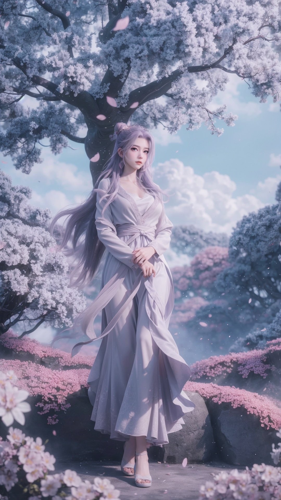 <lora:YUNXIAO_20240318075009-000005:0.75>,YUNXIAO,tree,scenery,outdoors,sky,cloud,1girl,long hair,solo,purple hair,blurry background,blurry,dress,hair ornament,long sleeves,white dress,chinese clothes,purple eyes,looking at viewer,hair bun,single hair bun,earrings,jewelry,realistic,day,blue sky,star \(sky\),flower,shawl,cherry blossoms,bridge,hair ornament,bare legs,arms at sides,<lora:YINGHUA_20240318130655:0.7>,YINGHUA,cherry blossoms,tree,scenery,outdoors,petals,blurry,spring \(season\),day,sky,depth of field,grass,blurry foreground,nature,rock,pink flower,blue sky,cloud,flower,mountain,sunlight,white footwear,full body,, raw photo,photorealistic,best quality,masterpiece,illustration,an extremely delicate and beautiful,extremely detailed,CG,unity,8k wallpaper,Amazing,finely detail,masterpiece,best quality,official art,extremely detailed CG unity 8k wallpaper,absurdres,incredibly absurdres,huge filesize,ultra-detailed,highres,extremely detailed,beautiful detailed girl,cinematic lighting,1girl,pale skin,tall female,perfect body shape,skinny body,Slender legs,Perfect finger,Perfect body,