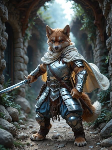 Anthropomorphic canine, male, young adult, orange fur, blue eyes, white muzzle, fluffy tail, determined expression, warrior, armor, white cloak, holding sword, standing pose, detailed fur, kemono style, fantasy setting, high quality, full body shot,night, ice land BREAK score_9_up,score_8_up,score_7_up,score_6_up,score_5_up,score_4_up,