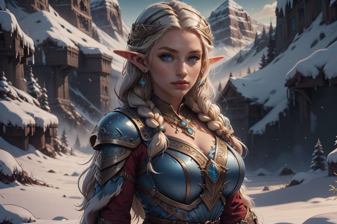 1girl, solo, long hair, breasts, looking at viewer, blue eyes, blonde hair, dress, jewelry, standing, braid, white hair, cowboy shot, earrings, pointy ears, Viking elf, lips, grey eyes, ( Elf Viking clothes) background, elf,<lora:EMS-301994-EMS:0.800000>,<lora:EMS-285784-EMS:0.800000>