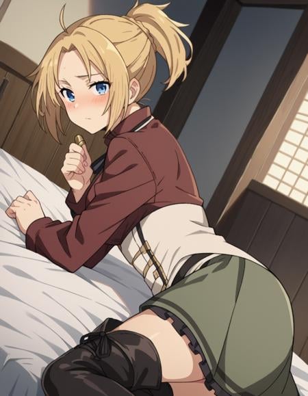 score_9, score_8_up, score_7_up, source_anime,zenithgreyrat, <lora:zenith-greyrat-s1-ponyxl-lora-nochekaiser:1>,zenith greyrat, short hair, blonde hair, blue eyes, ponytail, ahoge,skirt, shirt, thighhighs, long sleeves, ribbon, boots, black thighhighs, thigh boots, brown shirt,indoors, bed, bed room, on side, blush, drunk,looking at viewer, dutch angle, cowboy shot,