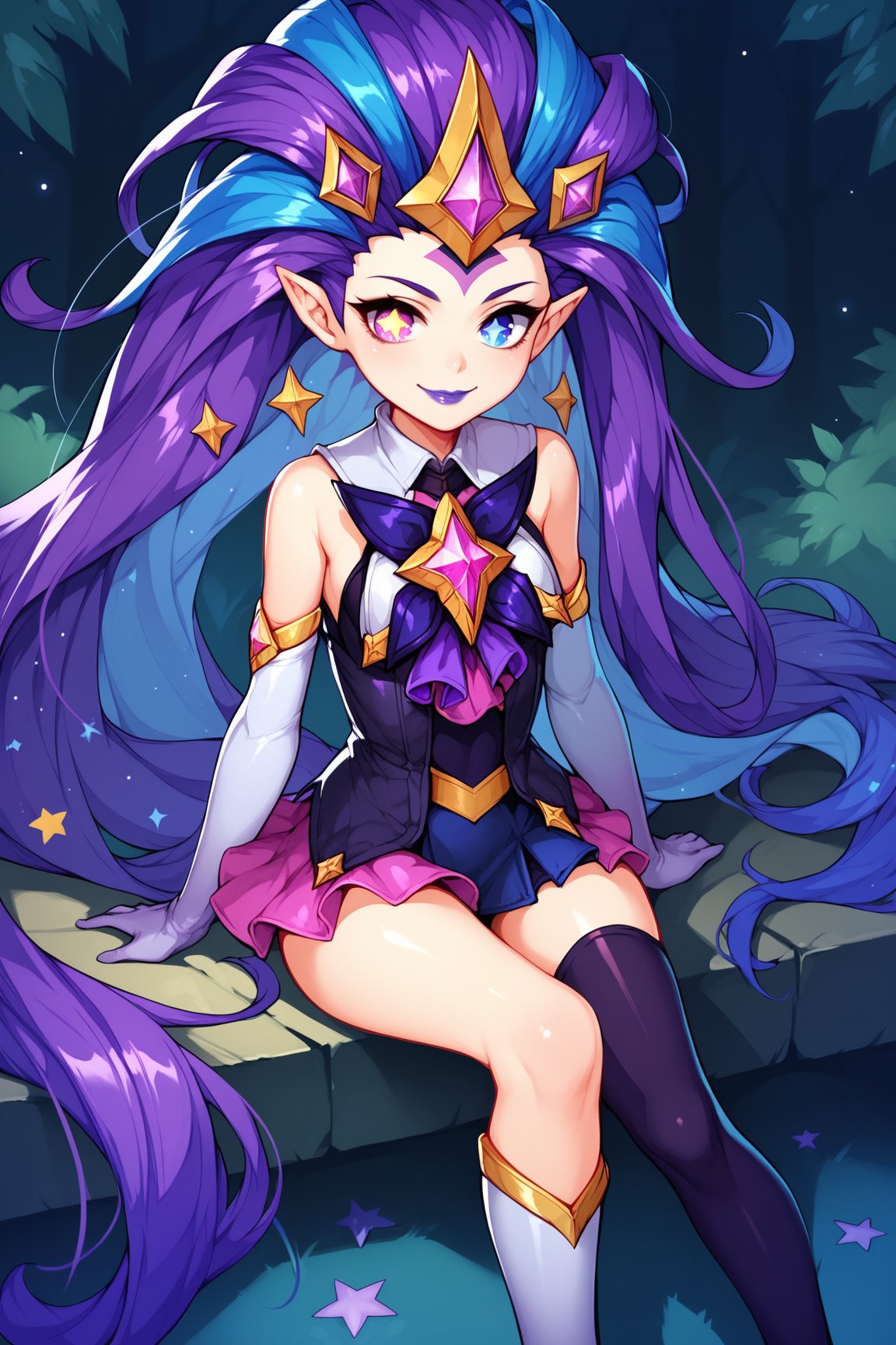 score_9, score_8_up, score_7_up, score_6_up, score_5_up, score_4_up, BREAK, ZoeSGXL, star guardian (league of legends), purple lips, purple eyes, (blue eye), heterochromia, star-shaped pupils, purple hair, blue hair, multicolored hair, long hair, gold star forehead, hair ornament, pointy ears, small breasts, bare shoulders, star (symbol), purple dress, purple elbow gloves, pink skirt, blue short, white single thighhigh, black thighhigh, solo, sitting, seductive smile, looking at viewer, forest, tree <lora:ZoeSGXL:0.8>