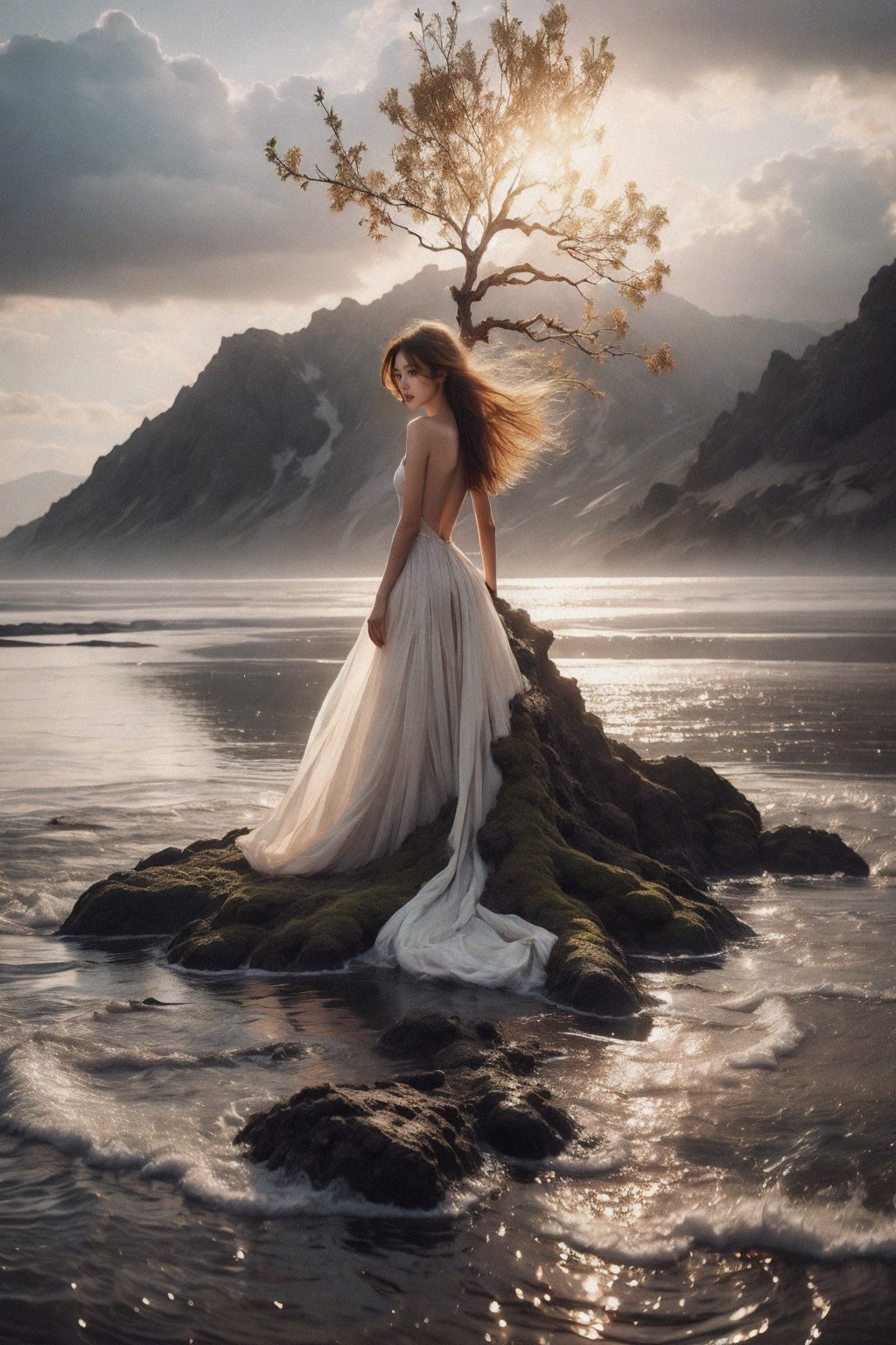 1girl,<lora:枯枝1:0.8>,This picture depicts a surrealistic image of a woman blending with natural elements. A woman stands in the water,her back and hair gradually turning into branches and twigs of a tree,<lora:天涯海角:0.5>,