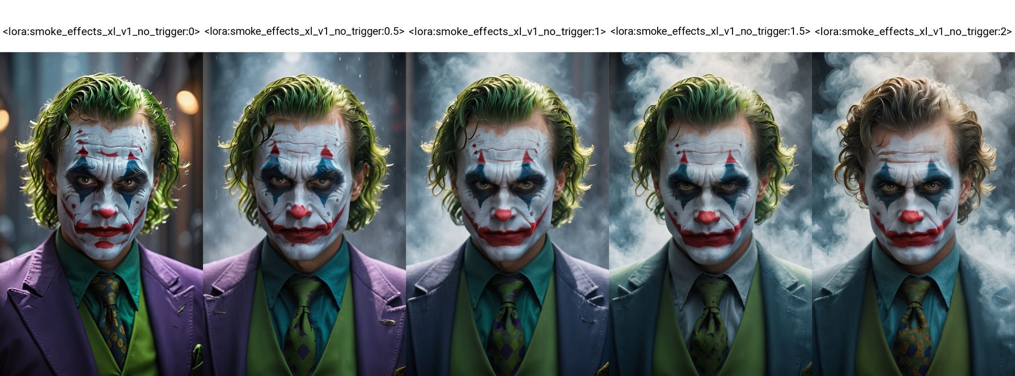 (best quality,highres,masterpiece:1.2),ultra-detailed,(portrait,joker,man,creepy look,detailed eyes,shallow depth of field,vignette,highly detailed,high budget Hollywood film),(best quality,4k,8k,highres,masterpiece:1.2),ultra-detailed,(realistic,photorealistic,photo-realistic:1.37),portraits,sharp focus,physically-based rendering,professional,vivid colors,bokeh,studio lighting,creepy color tones,subtle shadows<lora:smoke_effects_xl_v1_no_trigger:0>