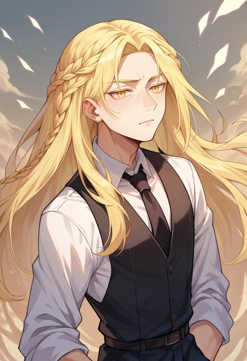 score_9, score_8_up, score_7_up, source_anime, <lora:wrenchEldenRingSoteMiquella:1>, ersotemiquella, blonde hair, 1boy, braid, long hair, yellow eyes, black tie \(suit\), formal, necktie, 