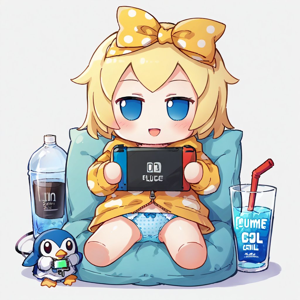 1girl,    fumo doll, chibi, solo, yellow bra, bra, character doll, glass slipper, clothes writing, holding handheld game console, full body, open mouth, yellow hoodie, nintendo switch, blush, blue panties, knees up, blue eyes, sitting, hoodie, handheld game console, grey background, smile, orange bow, barefoot, drinking glass, controller, drinking straw, hood, stuffed toy, ice cube, character name, chicken costume, simple background, bird, blonde hair, ice, cup, unworn slippers, polka dot bra, bow panties, drink, polka dot panties, underwear, loungewear, holding game controller, bow bra, holding cup, holding, stuffed animal, hood down, playing games, bow, penguin, blue bra, looking at viewer, panties, holding drink, game console, score_9, score_8_up, score_7_up, source_anime <lora:XL_fumo_(doll)(pony):1>