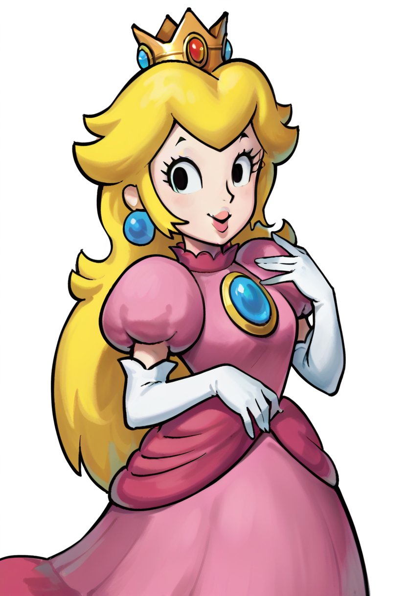 <lora:MarioLuigiStyle-PDXL-10:1> score_9, score_8_up, score_7_up, BREAK <lora:PrincessPeachXL:0.3> 1girl, princess peach, nintendo, mario \(series\), solo, blonde hair, crown, black eyes, long hair, earrings, pink dress, puffy sleeves, jewelry, brooch, white elbow gloves, looking at viewer, smile, cowboy shot, white background