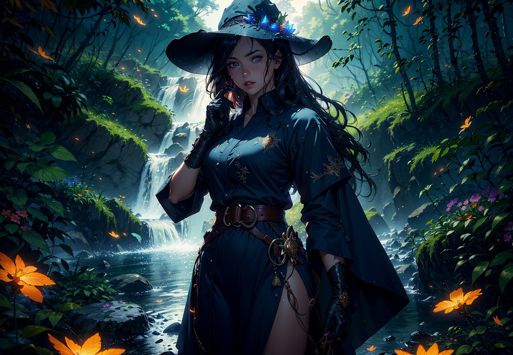 Masterpiece, incredible details, epic realistic, ultra clarity , (intricate details:1.12), (HDR:1.4), octane render, 3d render, cgi,dramatic,  bokeh,(dark shot:1.22), soft cinematic light,Fast-flowing waterfalls, mountains, rivers, fireflies, flowers, glowing butterflies, crystals,1girl, long hair, floating hair, belt, glove, hand guard, wizard hat, intricate wizard robe,(natural skin texture, hyperrealism, soft light, sharp:1.2)<lora:epiNoiseoffset_v2:0.3> ,