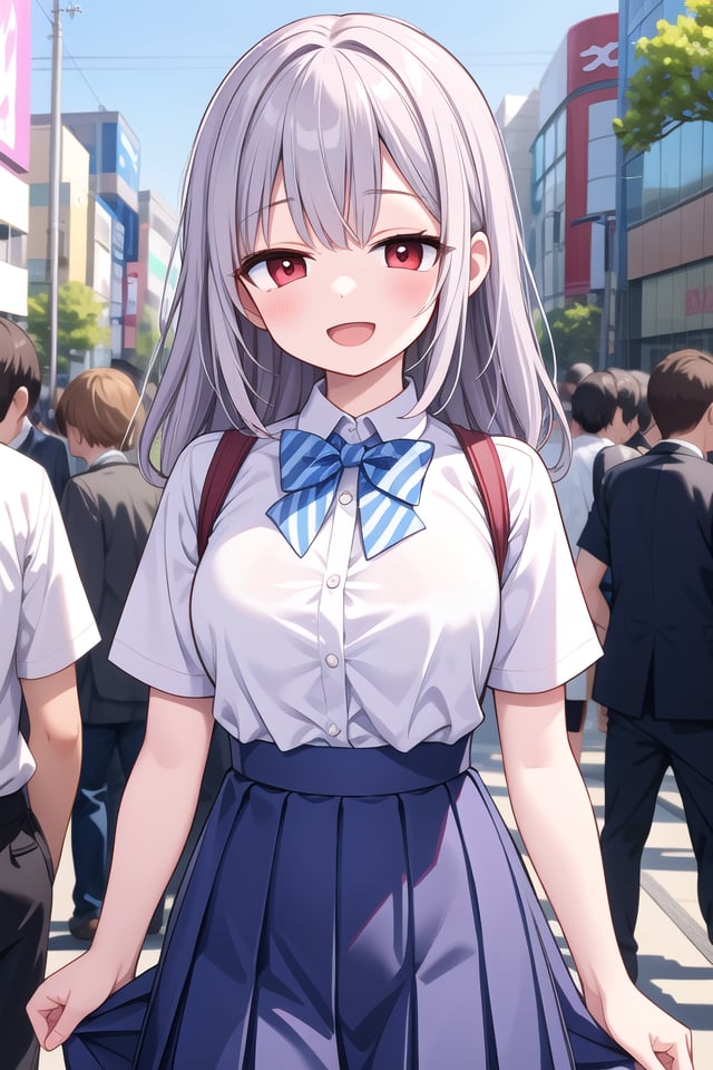 insanely detailed, absurdres, ultra-highres, ultra-detailed, best quality,1girl, solo, nice hands, perfect handsBREAKsummer school uniform with indigo blue bowtie, (short sleeves, dark blue skirt, pleated skirt:1.3), (indigo blue:1.3) bowtie, (white shirt:1.3), shirt with white button, (skirt with many pleats:1.4), plain shirt, plain skirt, (striped bowtie:1.3), shirt_tucked_inBREAKhappy smile, laugh, open mouth, standing,(45 angle:-1.5), (from side:-1.5),cute pose, cowboy shotBREAKslender, kawaii, perfect symmetrical face, ultra cute girl, ultra cute face, ultra detailed eyes, ultra detailed hair, ultra cute, ultra beautifulBREAKin harajuku, shibuya, tokyo, street, crowd, cityscapeBREAKmedium large breasts,(grey hair, red eyes),