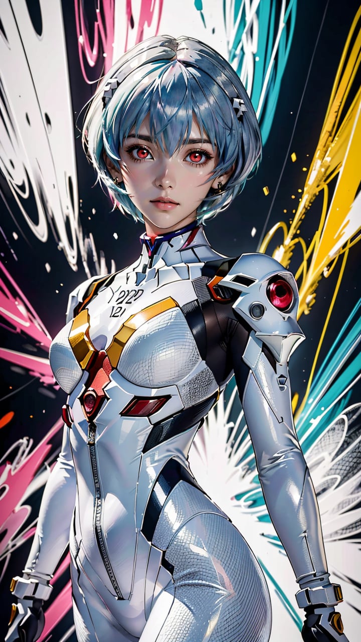 (best quality, masterpiece, colorful, dynamic angle, highest detailed) upper body shot, fashion photography of cute girl (\Rei Ayanami\), red eyes, dressing high detailed Evangelion white suit, in dynamic pose, light passing through hair, (abstract background:1.3), (official art)