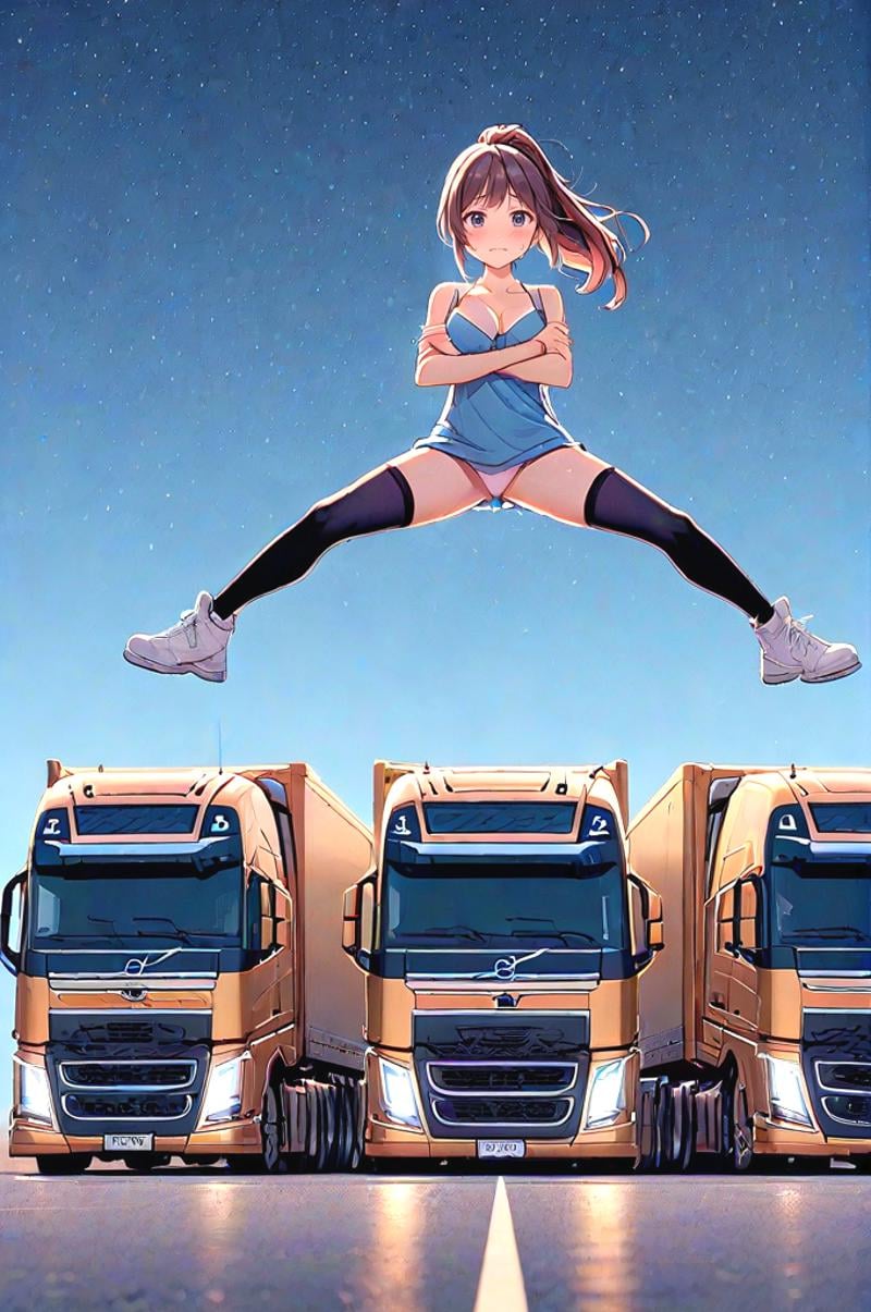 source_anime, score_9, score_8_up, score_7_up, score_6_up, score_5_up, score_4_up, wide shot, pantyshot, big truck, golden truck, epic split, split, crossed arms, spread legs, outstretched leg, sky, wind, volvo, desert road, center line, distant sierra, vanishing point, headlight, closed mouth, night, starry sky, solo, 1girl, cute, looking at viewer, brown hair, absurdly long hair, ponytail, hi-lo dress, panties, black thighhighs, sneakers, sweat, cleavage, shy, blush, slim figure, <lora:girllikeepicsplit_pony:1>