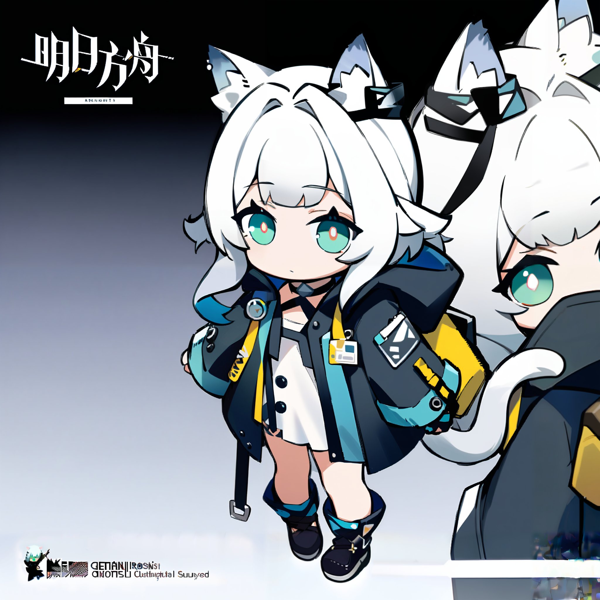 1girl, chibi, solo, rosmontis_(arknights), looking_at_viewer, animal ears, closed mouth, green eyes, standing, jacket, tail, full body, white hair, boots, open clothes, black gloves, cat ears, hood, fingerless gloves, bag, black footwear, white dress, coat, black jacket, cat tail, animal ear fluff, book, expressionless, backpack, hood down, cat girl, masterpiece, best quality, detailed