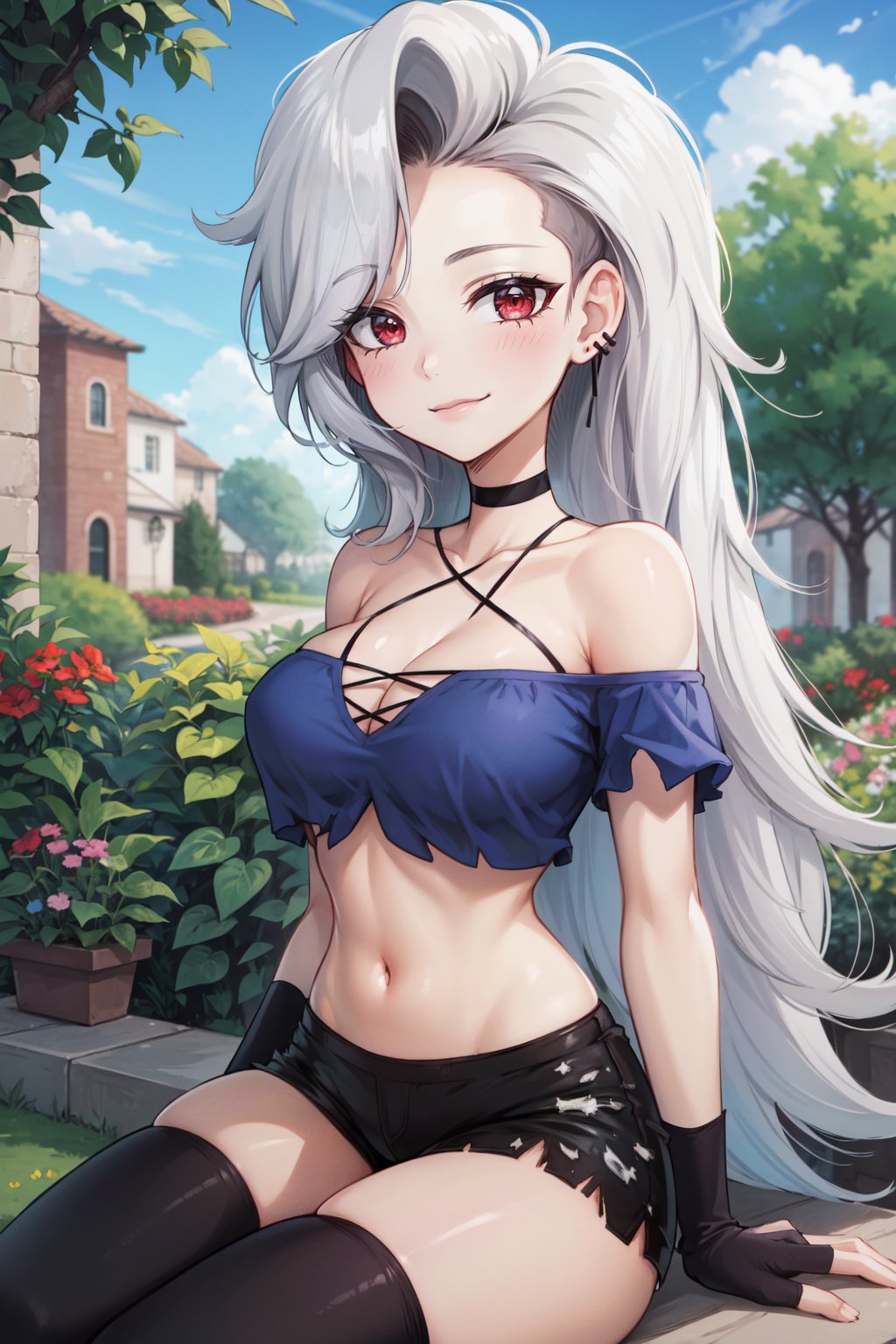 (best quality, ultra detailed), (detailed background:1.2), (perfect face, detailed face), looking at viewer, (mature female:1.4), smile<lora:loona_human-10:0.9> loona_human, long hair, navel, earrings, choker, black gloves, fingerless gloves, crop top, off shoulder, thighhighs, makeup, shorts, shirt, large breasts, off-shoulder shirt(outdoors, garden, sitting, arms support)  