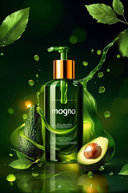 (masterpiece, top quality, best quality, official art, beautiful and aesthetic:1.2),1girl,hold a facial cleanser,advertising,cosmetics,green theme,avocado,orange,leaves,gradient advanced background,water,((water splash))