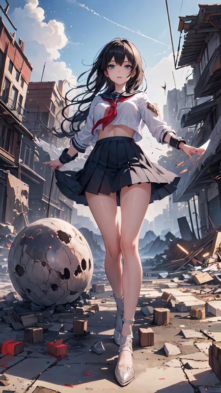 (masterpiece, best quality:1.2), 1girl, solo, black hair, blue eyes, serafuku, damaged, destruction, background with destroyed floating stones, (floating island in the sky:1.2), apocalypse, end of the world, medium breasts, <lora:oil2.0_2-512-64:1>, <lora:detail_slider_v4:1.1>