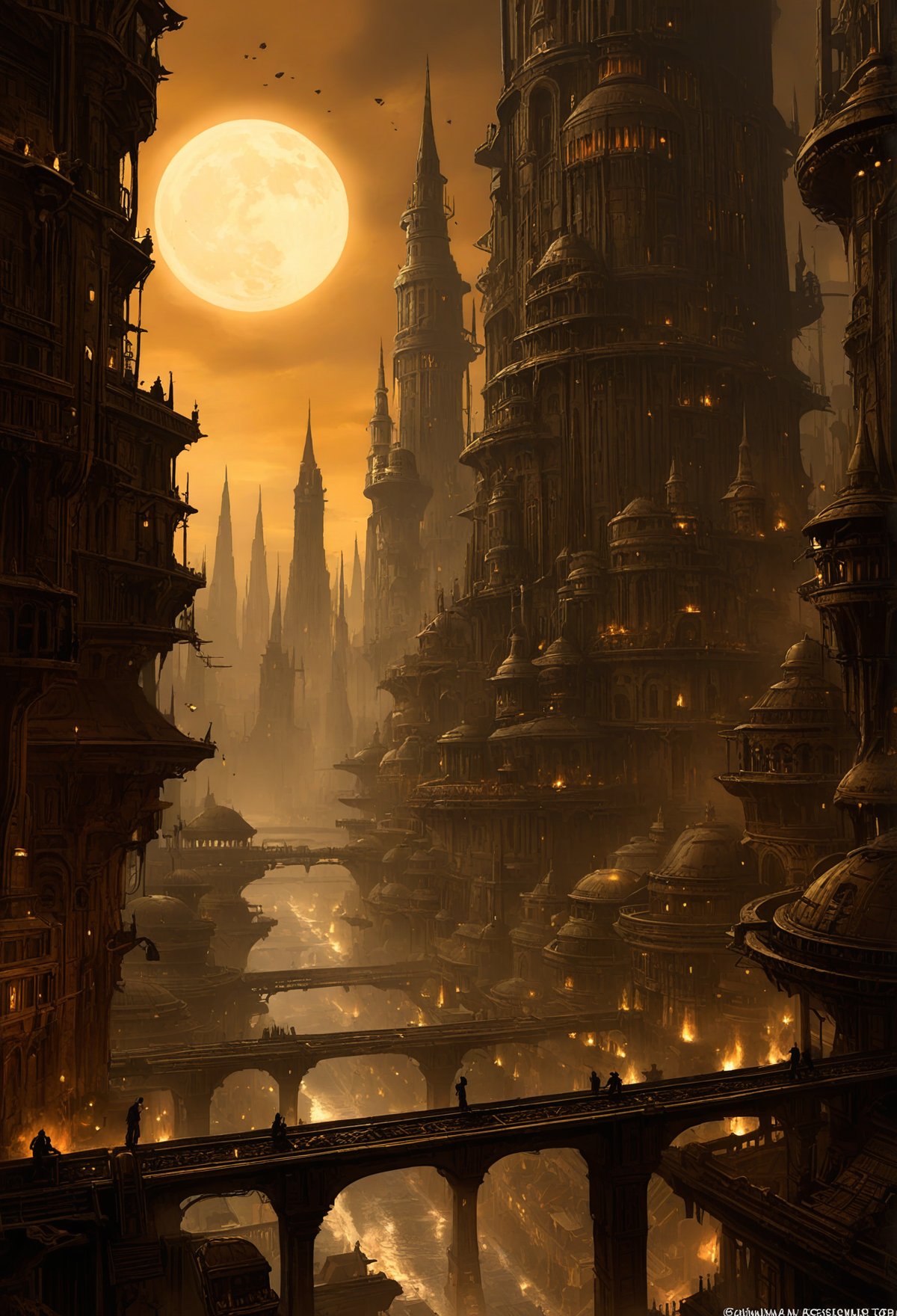 A digital painting of a hive city in the Warhammer 40k universe. The city is built on a series of platforms that are suspended in the air by massive chains. The platforms are covered in buildings, factories, and other structures, and they are connected by walkways and bridges. The city is lit by a variety of sources, including the sun, the moon, and the stars. The painting is done in a dark and gritty style, and it captures the feeling of a vast and oppressive city. By Mark Molnar.expressive brushstrokes, grimdark, gritty, textured, extremely detailed, epic, detailed lines