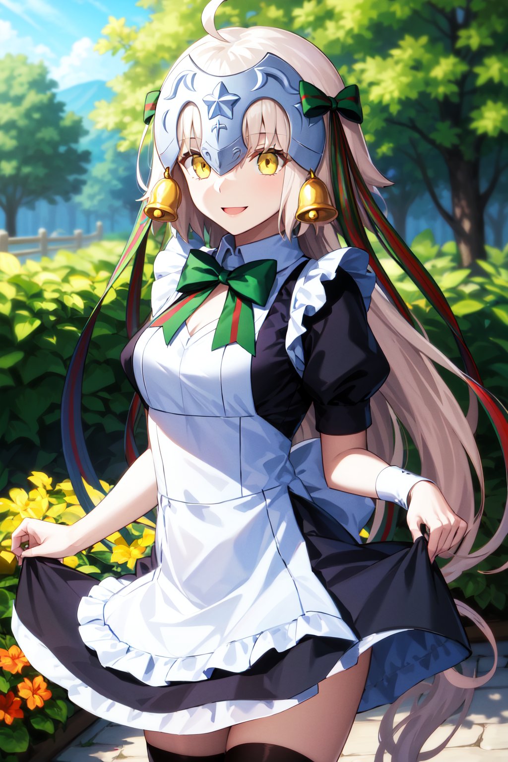 masterpiece, best quality, highres, aasl, long hair, ahoge, headpiece, bell, hair ribbon, <lora:jeanne_d'arc_alter_santa_lily_(fate)_v1:0.7>, maid, apron, standing, cowboy shot, skirt hold, smile, garden