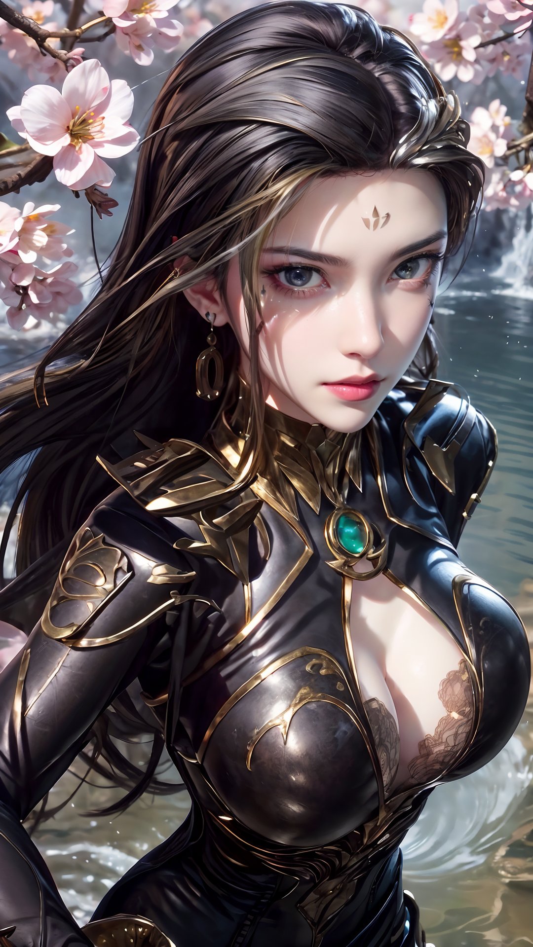 masterpiece,best quality,official art,extremely detailed CG unity 8k wallpaper,realistic,light rays,light particles,1girl,solo,breasts,nail_polish,black_nails,bodysuit,lips,black_hair,facial_mark,medium chest,in a meadow,stream,mountain,cherry_blossoms,flower,outdoors,<lora:【南桥】申屠雅琴:0.8>,long_hair,earrings,hair_ornament,dynamic pose,looking at viewer,