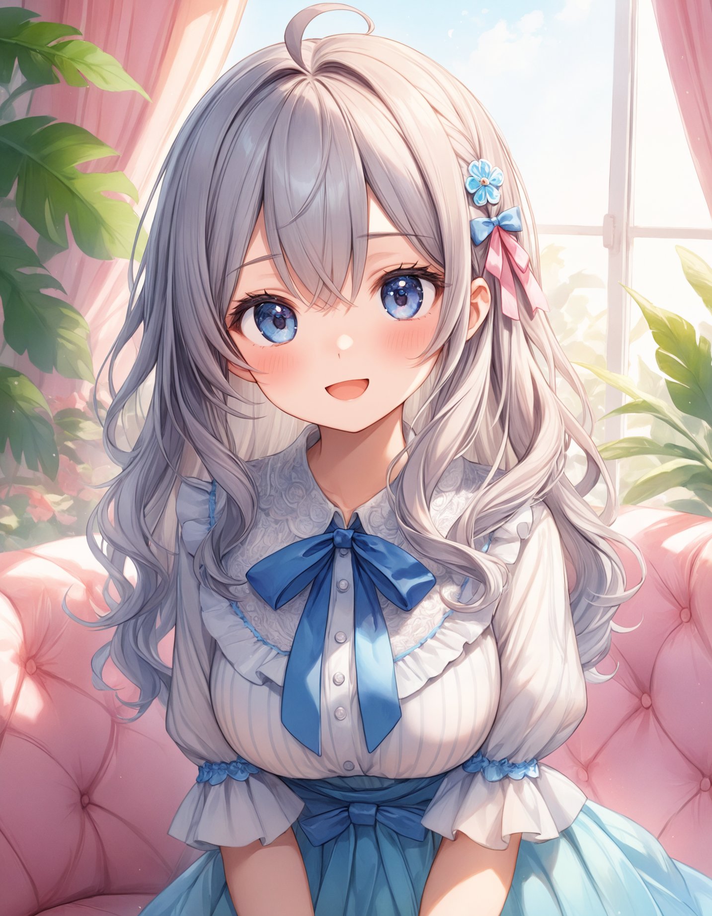 Portrait. Face focus. Shooting from front. A cute girl. (Chibi:0.9). (Cute round face:1.2). Detailed dark-blue eyes. Long wavy hair with big ribbon hair ornament, (gray hair), (gray inner hair), ahoge and hair between eyes. Detailed slender body. Large breasts. White ruffled blouse, saxe-blue ribbon tie, short ruffled sleeves and layerd skirt. Amused expression. Open mouth. Head tilt. Looking at viewer. Fashionable cute living room. Decorative plants. Pastel pink sofa. Pastel cute curtains. Pastel cute wallpaper. Daytime. (Natural lighting:1.4). Cute style. Watercolor. Intricate details. Extremely detailed. Outstanding intricacies. (Masterpiece:1.2). (Best quality:1.2). (Absurdres absolutely resolution:1.4).