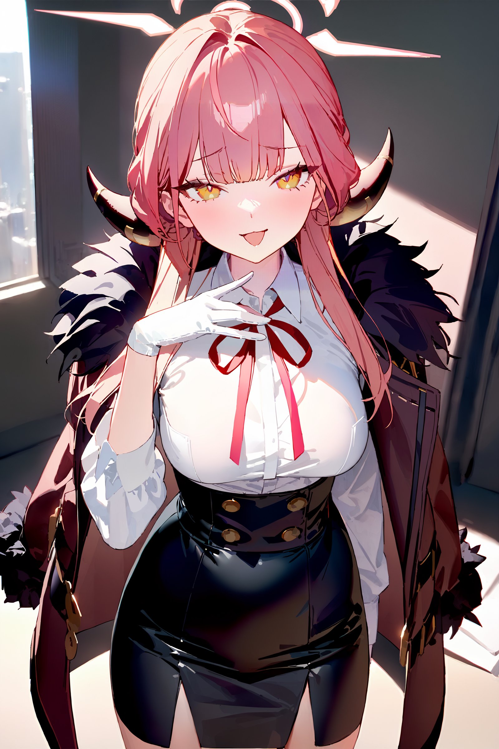masterpiece, best quality, very aesthetic, ray tracing, newest,(hitenkei, askzy:0.5), 1girl, aru \(blue archive\), solo, halo, horns, high-waist skirt, white gloves, white shirt, fur-trimmed coat, neck ribbon, looking at viewer, smug, open mouth, naughty face, ojou-sama pose, standing, cowboy shot, office, indoors, blurry background  <lora:quality1:0:hr=2>,  <lora:Char-BlueArchive-Aru-XL-V1:0.9>