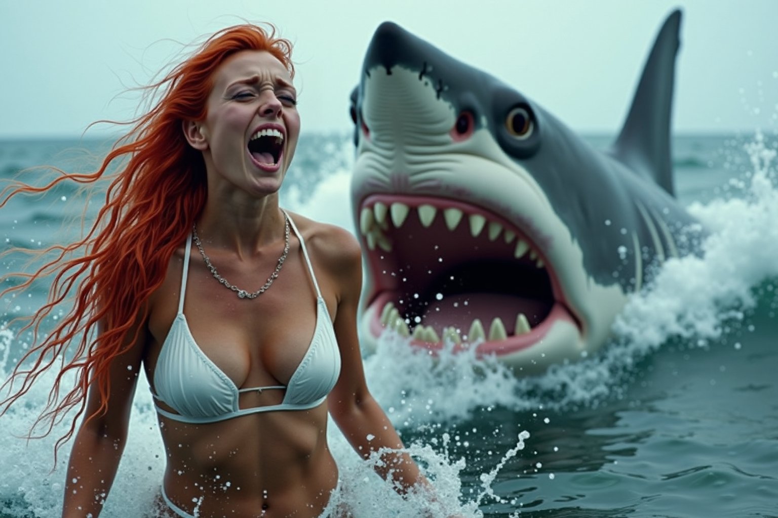 Woman with striking red hair screaming in fear, white bikini, flowing hair, (huge sagging breasts), movement, splash, ripples, wave patterns, varying shades of blue, depth of field, overcast sky, dramatic lighting, realistic style, meticulous detail, textured skin, reflective eyes, ocean, massive Great White Shark coming up behind woman in the water, close-up, ((wide-open large mouth)), sharp teeth, menacing Great White Shark, sharp jawline, sculpted muscles, realistic water effects, splash, ripples, ocean spray, granular texture, high contrast, 35mm photo, highly detailed.