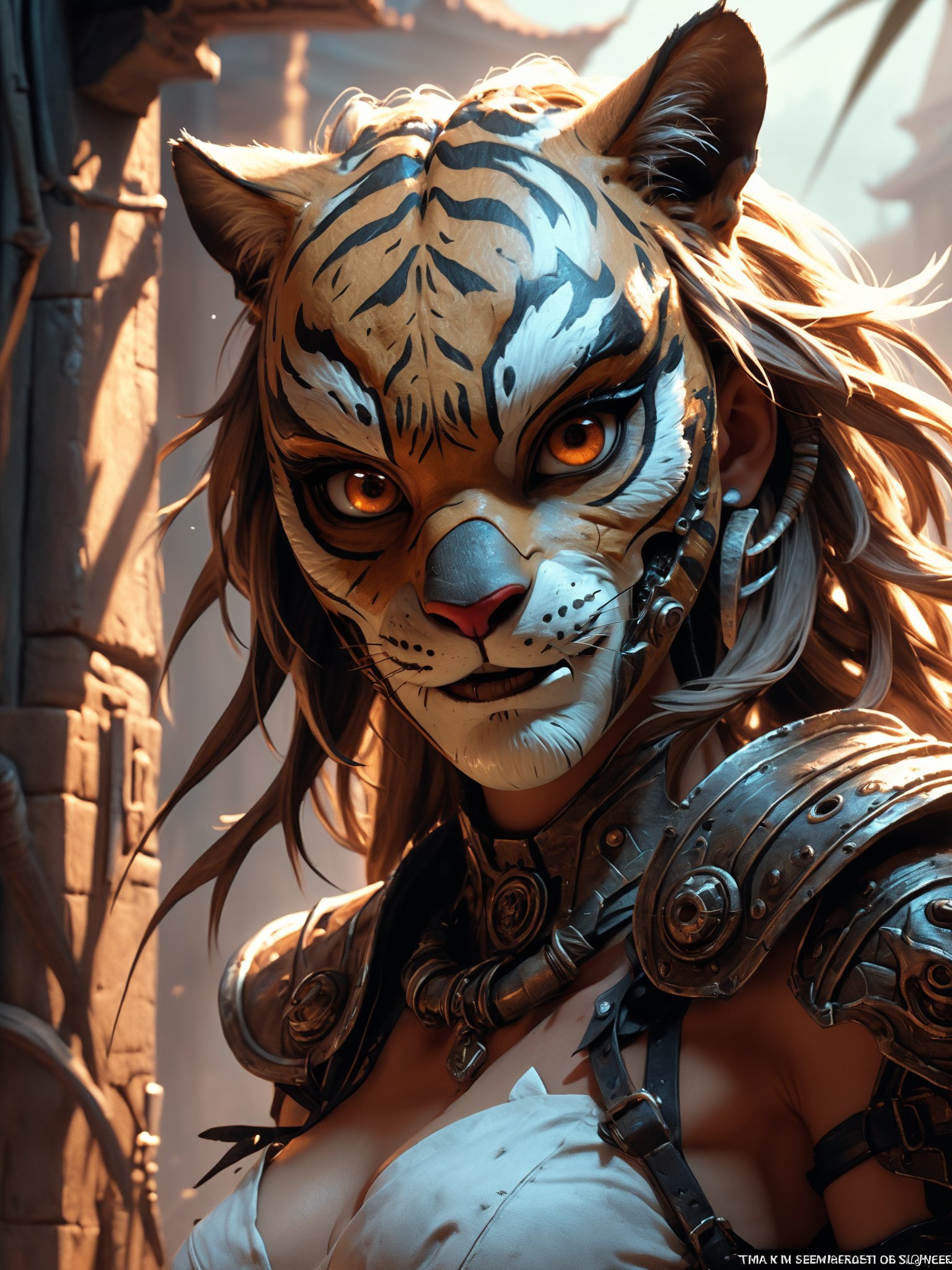 Comic's Luis Royo style, human wearing a mask made of steel, face figure a tiger, great helm made of iron covering the entire head, little tiger's ears on it, sketch, dark fantasy, illustration,  epic action, Unreal Engine, cinematic award winning artwork, many details, extreme detailed, full of details,Wide range of colors., dramatic, Dynamic,Cinematic,Sharp details, Insane quality. Insane resolution. Insane details. Masterpiece. 32k resolution. casting shadow style, cucoloris patterned illumination,  dvr-lnds-sdxl, ral-dissolve, ral-ertmsphr, ral-porcelain, ral-pxlprtcl, Niji, aidma-niji