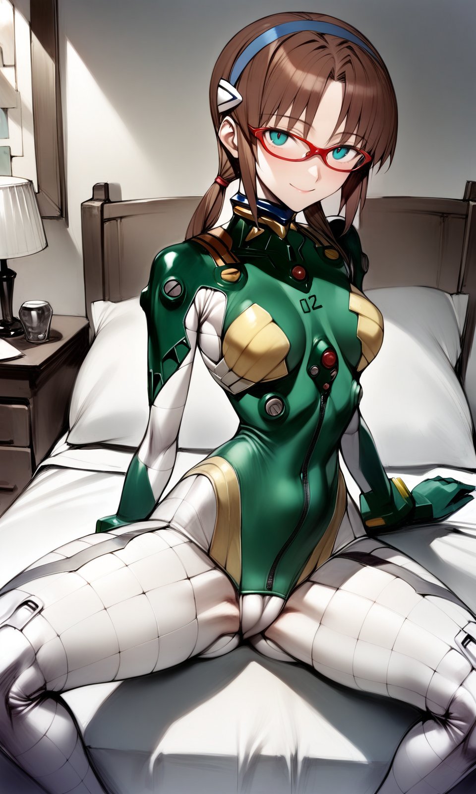 solo, 1girl, maritest, aqua eyes, hairband, brown hair, red-framed eyewear, plugsuit, bracer, quilted bodysuit, thick thighs, wide hips, looking at viewer, light smile, on bed, spread legs, indoors, bedroom, masterpiece, absurdres, by nyatabe, by (mogudan:0.6), <lora:MariTestSuit_XL:1><lora:Nyatabe_XL:0.65> <lora:Fixhands_anime_bdsqlsz_V1:1> 