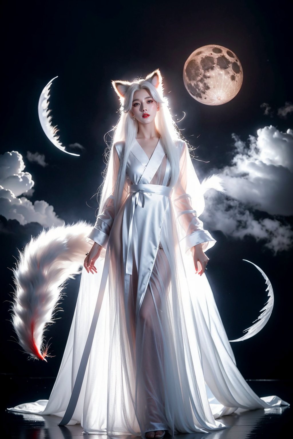 Ultra quality,8k,masterpiece,best quality,1girl,solo,long hair,looking at viewer,long sleeves,animal ears,cloud,night,moon, smoke, fox,standing in cloud,tail,full body,white hair,wide sleeves,fox ears,wind,robe,red lips,white theme, <lora:JAY - WHITE FOX:0.7>