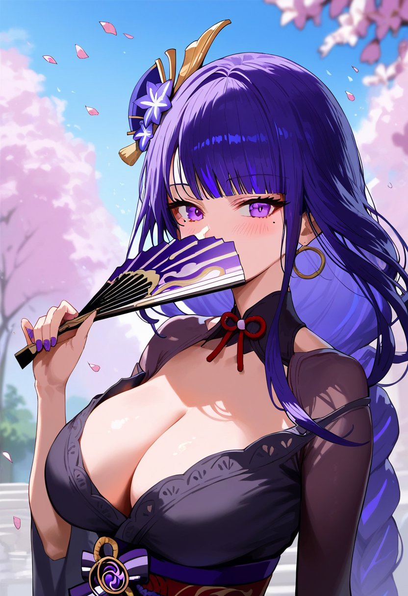 score_9, score_8_up, score_7_up, score_6_up, source_anime, <lora:GEN 0.1v:0.9>, GEN,1girl, raiden shogun, hair ornament, solo, mole under eye, breasts, purple eyes, flower, purple hair, hand fan, hair flower, jewelry, mole, long hair, earrings, holding, looking at viewer, purple nails, upper body, cleavage, bangs, holding fan, large breasts, petals, nail polish, butterfly, purple flower, folding fan, blurry, necklace, braid, covering mouth, dress, blurry background, falling petals, blush, blunt bangs, alternate costume, black dress, trees, outdoors, wind, light particles,