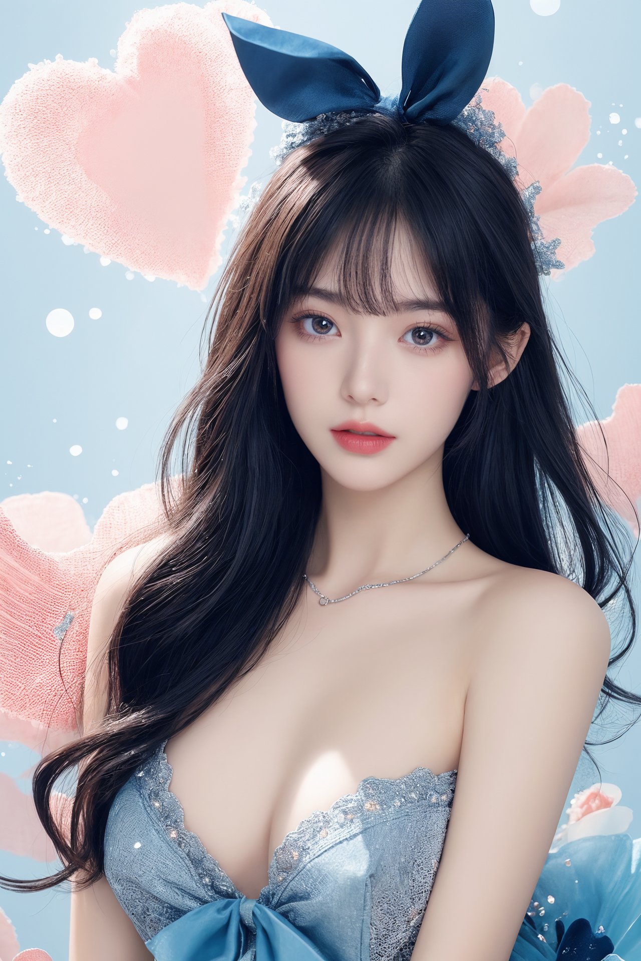 1girl, artist name, bangs, bare shoulders, blue bow, blue flower, blue nails, blue rose, bow, breasts, bunny, flower, heart, long hair, looking at viewer, medium breasts, nail polish, pink bow, rose, solo, sparkle, star \(symbol\), stuffed animal, stuffed toy<lora:eye:0.8>