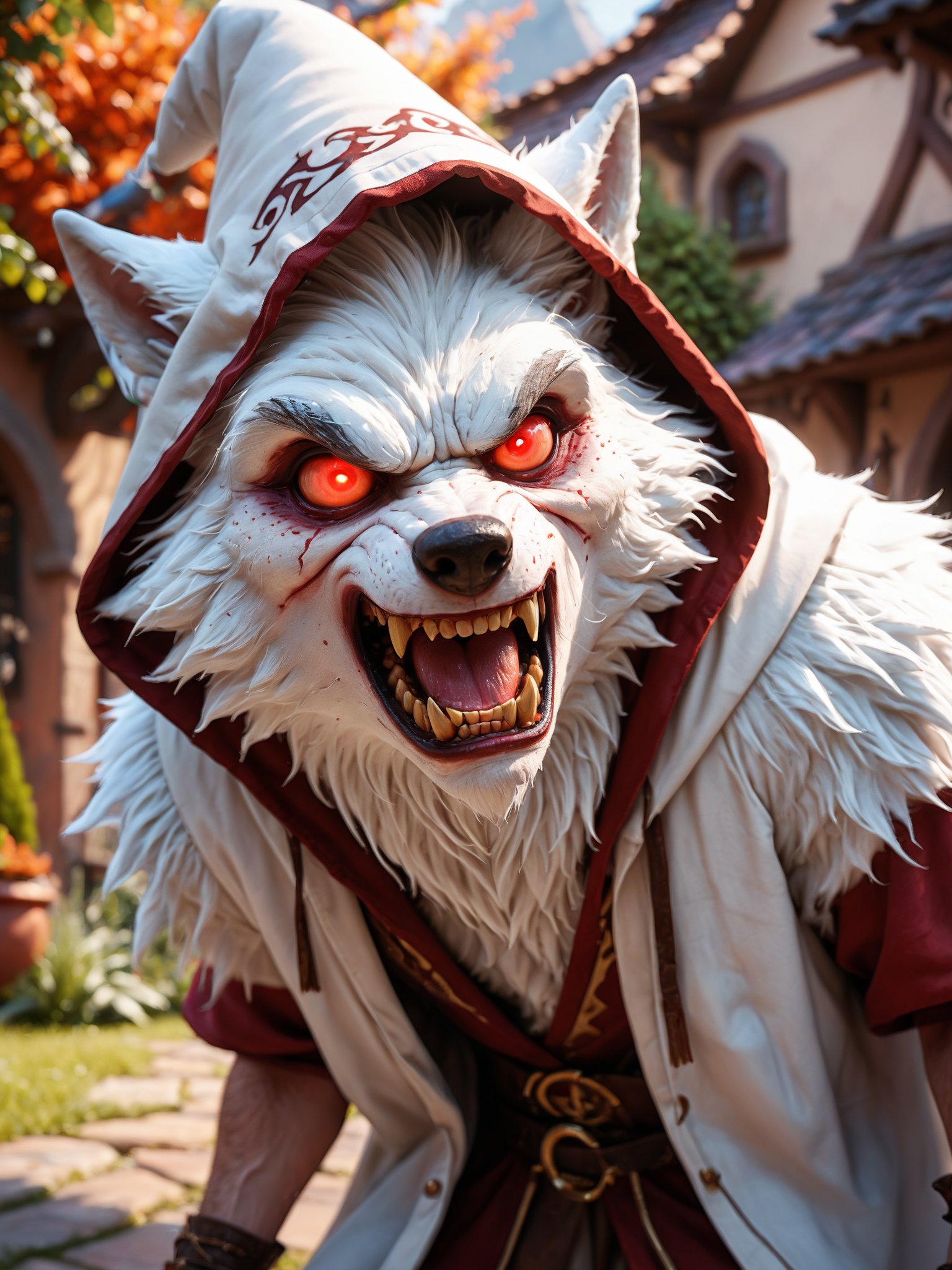 score_9, score_8_up, score_7_up, score_6_up, score_5_up, score_4_up, (angry, mad, big wolf wizard, white fur, red glowing eyes, wearing magical hood, casting magic spells:1.2), village in background, vibrant, concept art, digital art, realistic, hkanimal,   epic action, Unreal Engine, cinematic award winning artwork, many details, extreme detailed, full of details,Wide range of colors., dramatic, Dynamic,Cinematic,Sharp details, Insane quality. Insane resolution. Insane details. Masterpiece. 32k resolution. casting shadow style, cucoloris patterned illumination,  dvr-lnds-sdxl, ral-dissolve, ral-ertmsphr, ral-porcelain, ral-pxlprtcl, Niji, aidma-niji