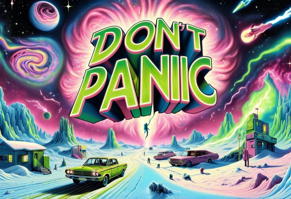 DonMD0n7P4n1cXL, text "DON'T PANIC!", hyper detailed masterpiece, dynamic realistic digital art, awesome quality,landscape lighting gaia of genesis,textured panels euphoric landscape,ignition domicile snow,lightning, diversity,auroras,golden sands,secretive,hot,reminiscent,touching  <lora:DonMD0n7P4n1cXL:1>