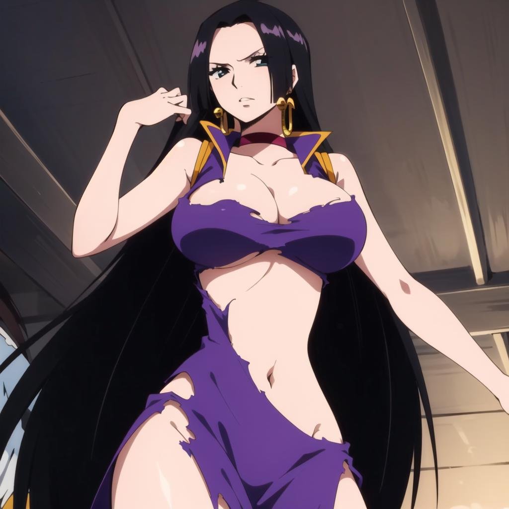 <lora:hancock:0.75>  1girl, breasts, large breasts, dress, navel, cleavage, jewelry, very long hair, earrings, solo focus, choker, torn clothes, torn dress, boa hancock