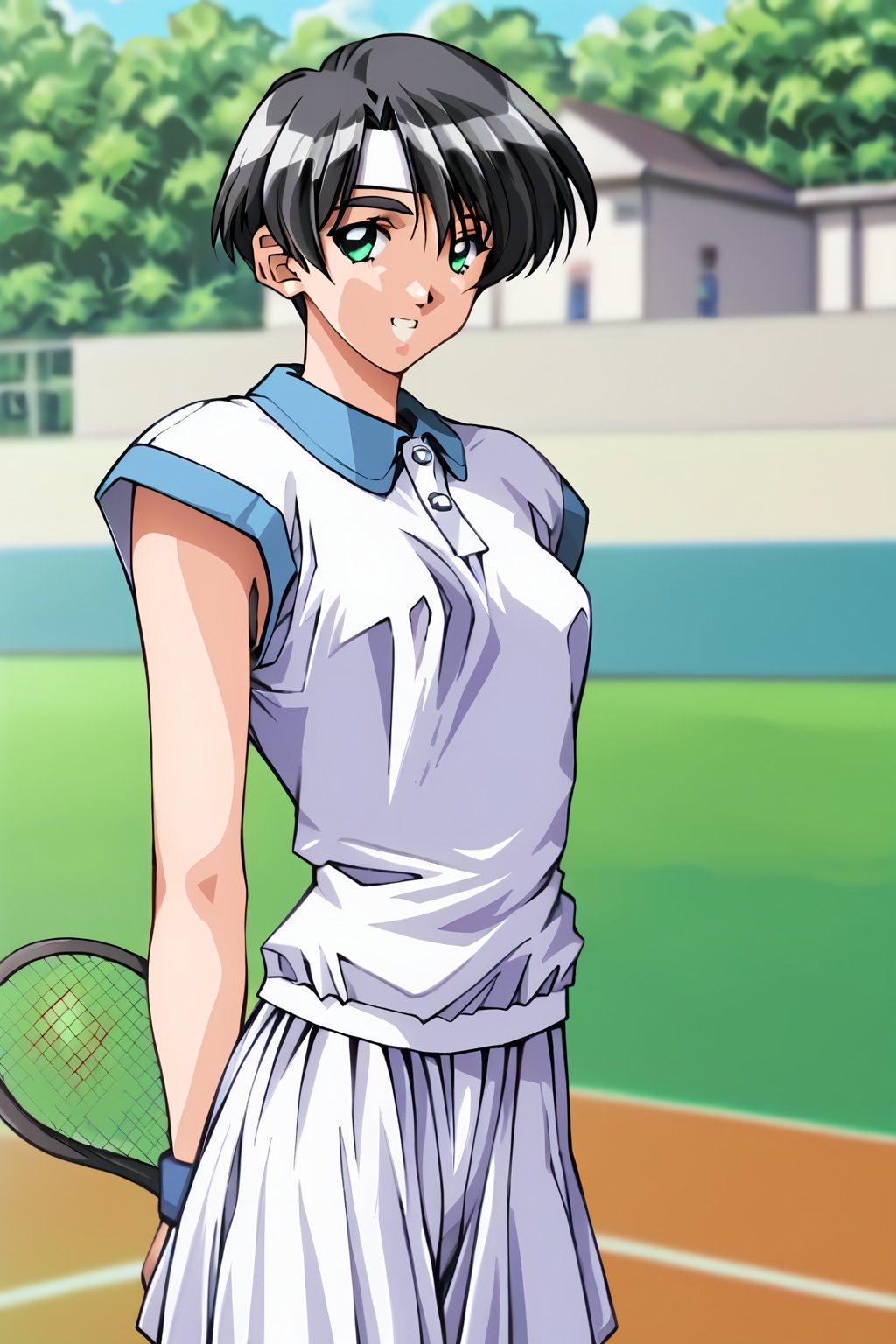 score_9, score_8_up, score_7_up, score_6_up, score_5_up, score_4_up, source_animewakabayashi ayu, 1girl, black hair, green eyes, short hair, solo, tennis uniform, ayu_tennis, smile, hands behind back, white headband,masterpiece, perfect face, best quality, beautiful girl, blurry background, cute girl, beautiful eyes, shiny eyes, anime coloring, anime screencap, absurdres, outdoors.<lora:wakabayashi ayu auti 822:1>