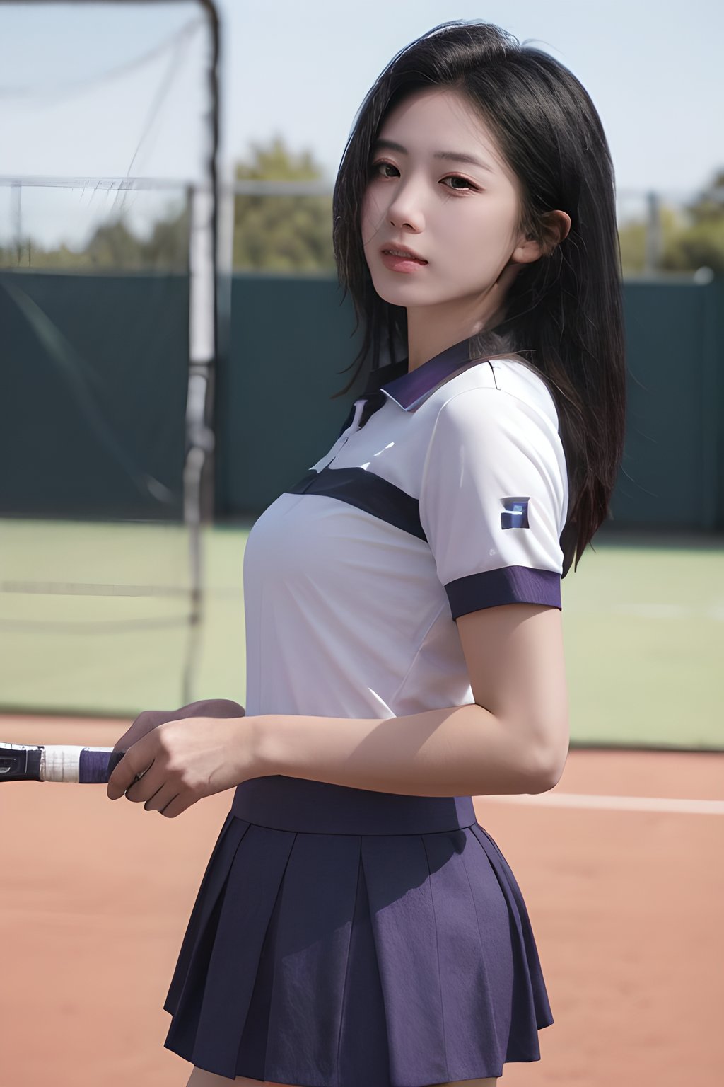 <lora:0830_09:0.7>,purple tennis_uniform,, 1girl,realistic,masterpiece, best quality, photorealistic, HDR,detail