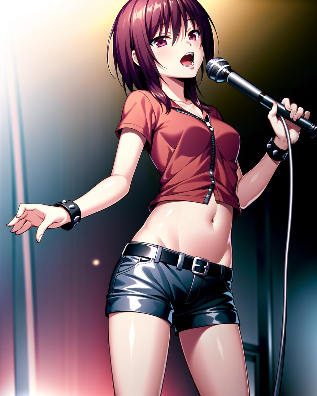 ((masterpiece)), ((best quality)), ((highres)), ((extremely detailed CG unity 8k wallpaper)), solo, <lora:iwasawa:0.7>, iwasawa, red and black shirt, black bracelet, midriff, studded belt, black shorts, singing, music,