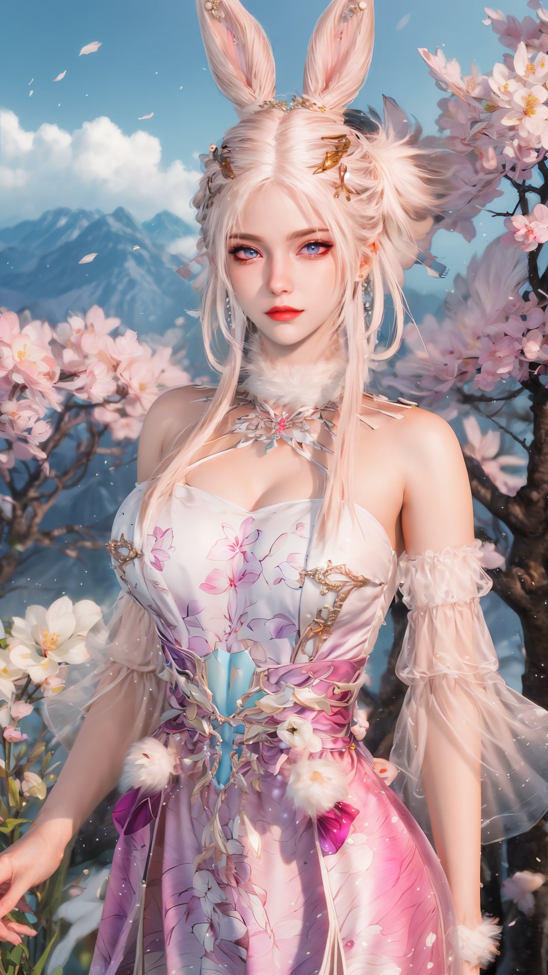 masterpiece,best quality,official art,extremely detailed CG unity 8k wallpaper,realistic,light rays,light particles,1girl,solo,1boy,medium chest,dress,white pantyhose,in a meadow,stream,mountain,cherry_blossoms,flower,outdoors,long_hair,earrings,hair_ornament,rabbit ears,pink hair,dynamic pose,looking at viewer,