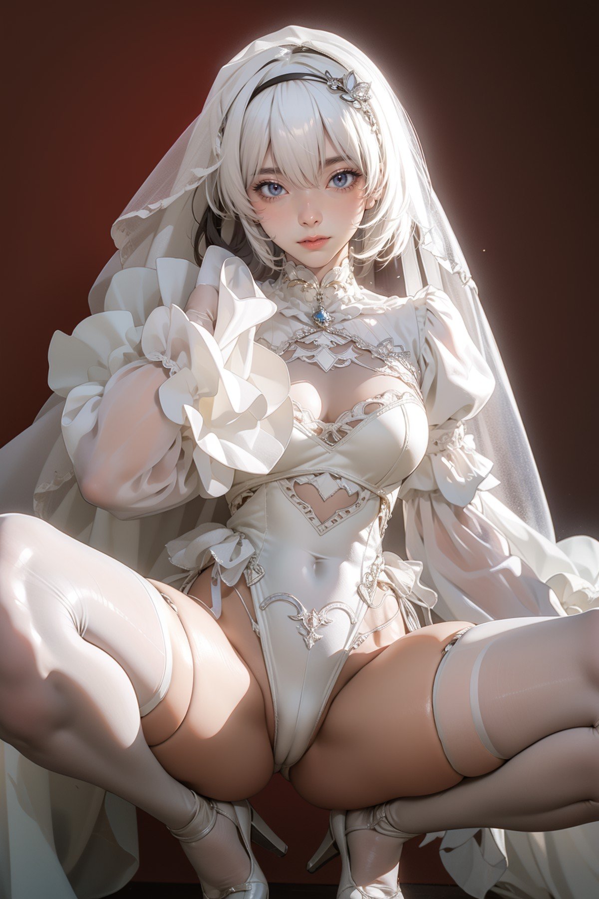 1girl,solo,red background,squatting cowgirl position,spread legs,,ruanyi0618,bridal veil,frills,frilled sleeves,long sleeves,white leotard,white thighhighs,wide sleeves,see-through,veil,garter belt,clothing cutout,<lora:0618 2B white wedding dress_v1:1>, best quality,masterpiece,highres,official art,extremely detailed cg unity 8k wallpaper