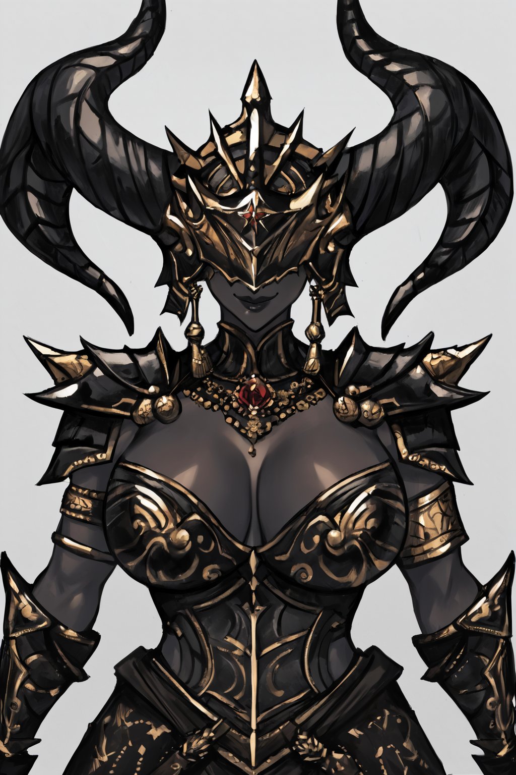 (Masterpiece, Best Quality:1.3),top quality, insaneres, (8k resolution), (centered), digital illustration, saba_styl3, mature female, woman, large breasts, shiny, seductive smile, sexy, armor, shoulder armor, gauntlets, armlet, official alternate costume, rpg character design, detailed face, villain, hourglass figure, black skin, dark theme, twisted horns<lora:EMS-61413-EMS:0.400000>, <lora:EMS-348460-EMS:0.900000>