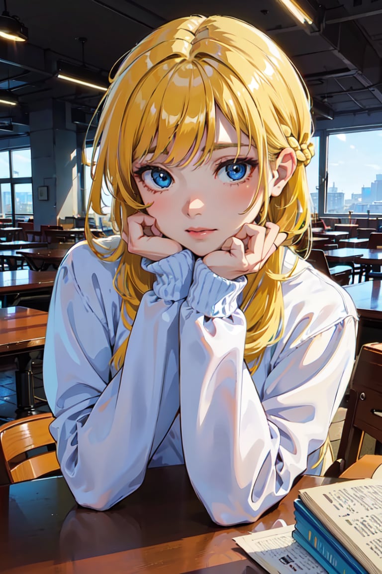 best quality, high resolution, distinct image,hyper-detailed, Cinematic light, intricate_detail, highres, official art, finely detailed beautiful face, high-resolution illustration, 8k, dark intense shadows, overexposure, 1girl, solo, (yellow hair:1.4), long hair, wavy hair, ((braid bang)), blue eyes, slender, [medium|small breasts], [[bursting breast]], (sweater:1.3), chin up, ((one hand on own chin)), arms on the desk, indoors, ((cafeteria)), (coffee on the table:1.3), (books on the table:1.2), winter, snowy, snow, city view, limited palette, (arm + hand + 1_thumb), Five fingers each, perfect hands, cats