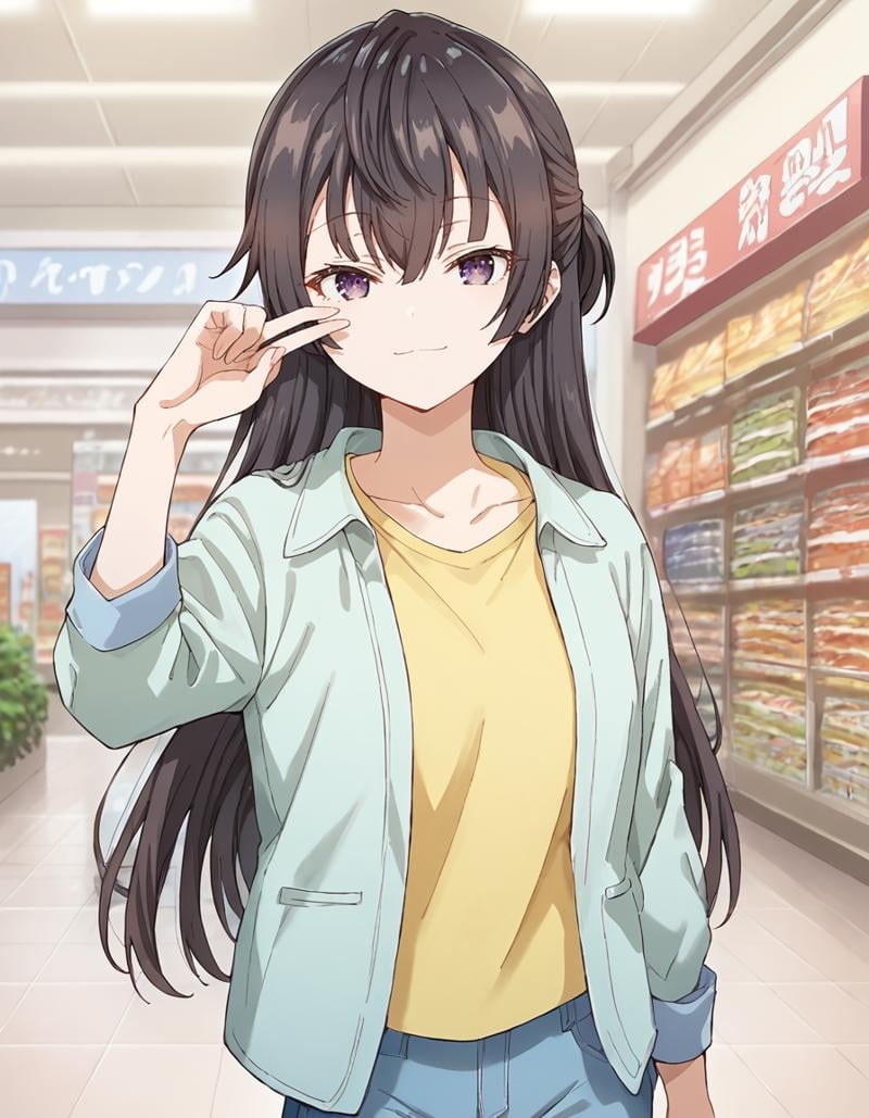 score_9, score_8_up, score_7_up, source_anime,1girl, solo, looking at viewer, indoors, shopping mall, shops, blurry background, standing, light smile, two finger salute,yuki suou, black hair, long hair, half updo, hair between eyes, purple eyesdate outfit, collarbone, green jacket, open clothes, yellow shirt, blue jeans,<lora:yuki_suou_anime_v4-soralz:1>